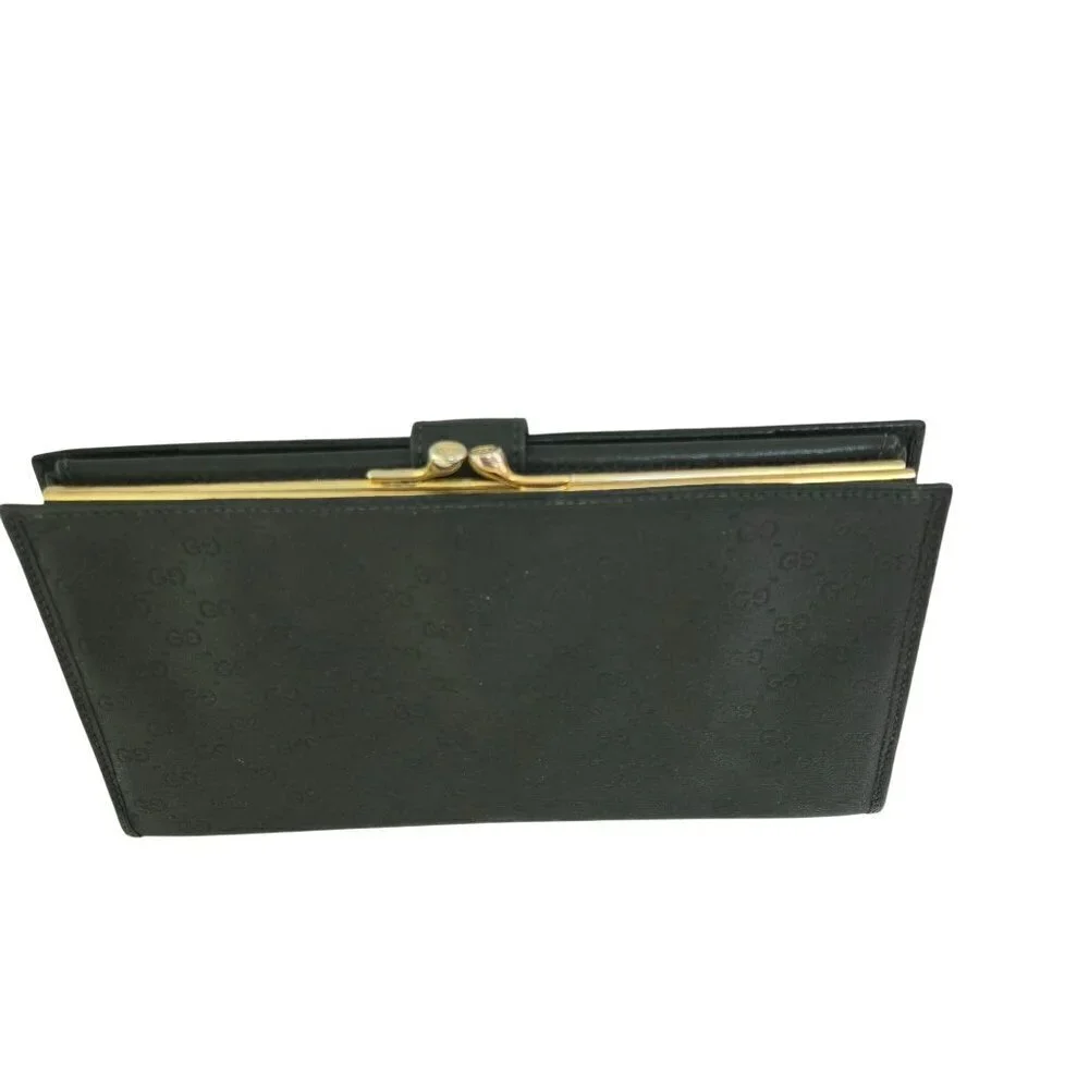 Gucci Vintage Black Coated Long Wallet Logo Kisslock Snap Trifold 035-001-0264